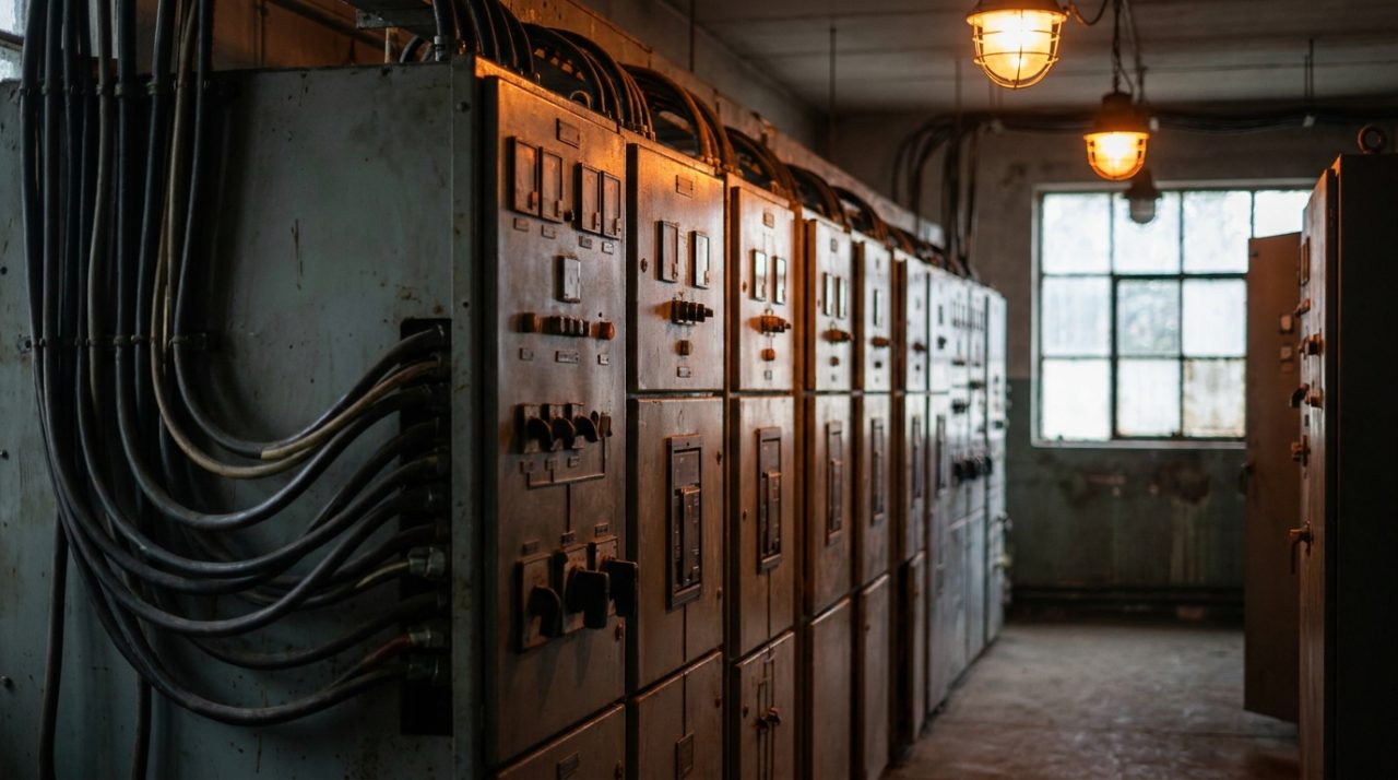 ردیف تابلو برق‌های صنعتی در اتاق برق یک کارخانه